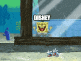 a cartoon of spongebob looking out of a window with disney written on the bottom