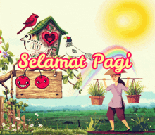 a cartoon illustration of a woman carrying potted plants and a sign that says " selamat pagi "