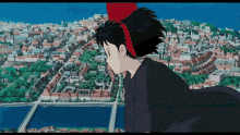 a girl with a red bow on her head flying over a city