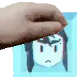 a hand is touching a cartoon character 's face in a pixel art style .