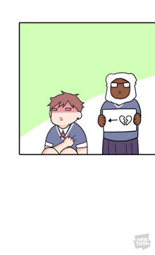 a cartoon of a boy sitting next to a man holding a sign with a heart drawn on it .