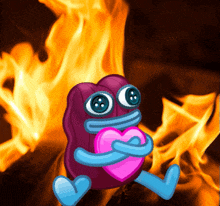 a cartoon character is holding a pink heart in front of flames