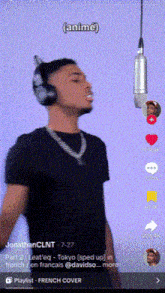 a man wearing headphones singing into a microphone with the word anime on the bottom