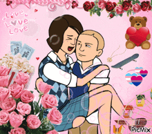 a cartoon of a man carrying a woman in his arms with the words love love love written in the background