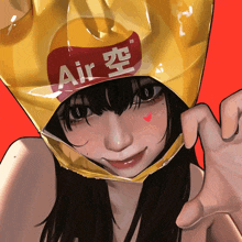 a girl is wearing a bag of air chips on her head
