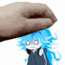 a pixel art drawing of a person with blue hair