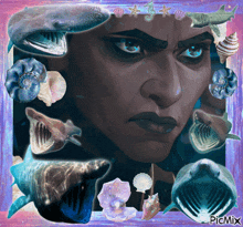 a picture of a woman surrounded by sharks and seashells with the words picmix on the bottom