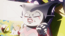 a cartoon character is making a funny face with a yellow ball in the background