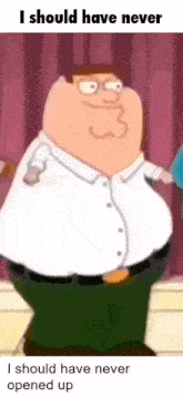 a cartoon character is standing in front of a red curtain and says i should have never i should have never opened up