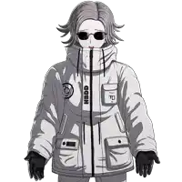 a black and white drawing of a person wearing a jacket that says hbdd on it