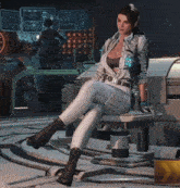 a woman in a futuristic outfit sits on a chair in front of a computer monitor