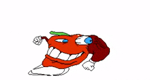 a pixel art drawing of a tomato with a green leaf on its head and arms .