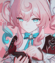 a girl with pink hair and blue eyes is holding a tablet