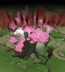 a painting of a tree with pink flowers in a forest