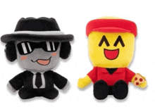 two stuffed toys are sitting next to each other one is a man in a suit and tie and the other is a pizza boy