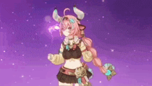 a girl with horns is standing in front of a purple background holding a sword .