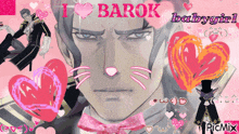a picture of a man surrounded by hearts and the words i love baron