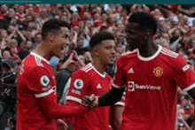 three soccer players are shaking hands in front of a crowd .