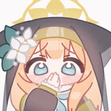 a cartoon girl with a flower in her hair is covering her mouth