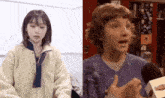 a woman and a boy are talking into microphones