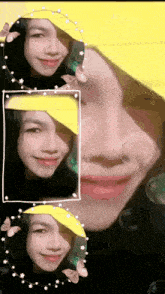 a woman is wearing a yellow hat with butterflies around it