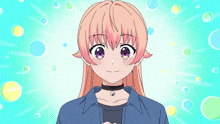 a girl with pink hair is wearing a choker and a blue shirt