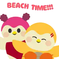 a cartoon illustration of two birds with the words beach time written above them