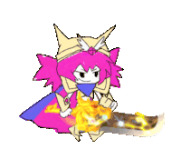 a cartoon character with pink hair is holding a large sword
