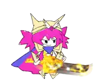 a cartoon character with pink hair is holding a large sword