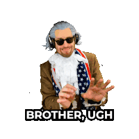 a sticker of a man wearing headphones and a scarf with the words brother ugh on it