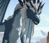 a blue and white dragon with horns and a long tail