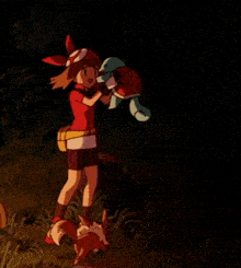 a cartoon girl is holding a stuffed animal in her hand