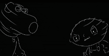 a black and white drawing of a car and a frog on a black background .