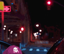 a cartoon character wearing a purple hat with a skull and crossbones on it