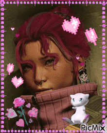 a pixel art of a girl with pink hair and a white cat