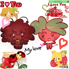 a drawing of a ladybug and a strawberry with the words " my love " written on it