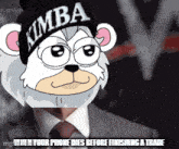 a cartoon bear wearing a beanie that says kimba on it