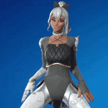 a woman in a leotard and white pants is dancing in a video game on a blue background .