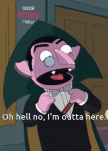 a cartoon character says " oh hell no i 'm outta here " in front of a door