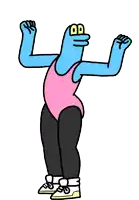 a cartoon of a frog wearing a pink tank top and black pants is dancing .