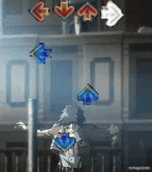 a pixel art of a man standing in front of a building with arrows pointing in different directions