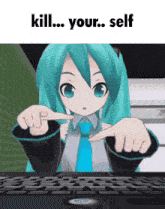 a picture of a girl pointing at a keyboard with the words kill your self below her
