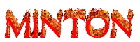 the word minton is written in red with flames coming out of the letters