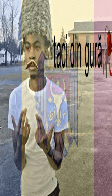 a man with a mustache is standing in front of a sign that says ' tac ' din gura '