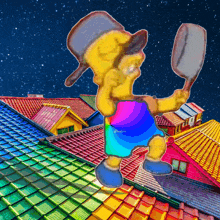 a painting of bart simpson standing on a roof holding a shovel