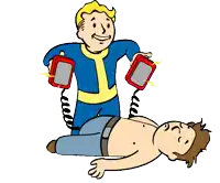 a cartoon of vault boy helping a man with an aed