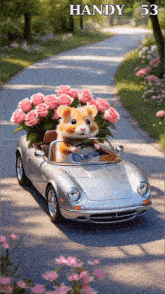 a hamster is driving a car with a bouquet of roses on the back