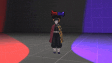 a cartoon character is standing in a dark room with a purple light behind him