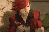 a cartoon character with red hair and a red jacket is holding a small object .