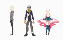 three anime characters are standing next to each other with one wearing a gray shirt